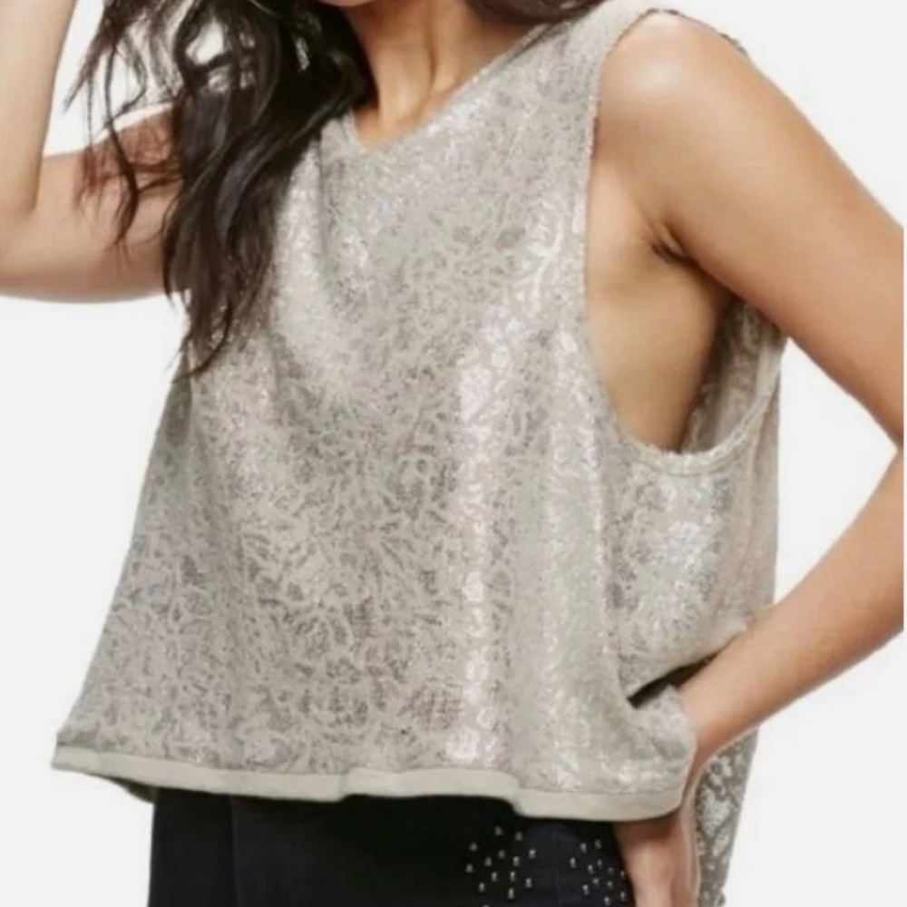 NWT Free People Silver Metallic Button Back Crop Tank Top Medium